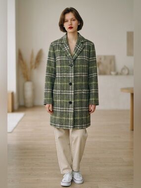 Burberry Green Plaid Wool Pea Coat